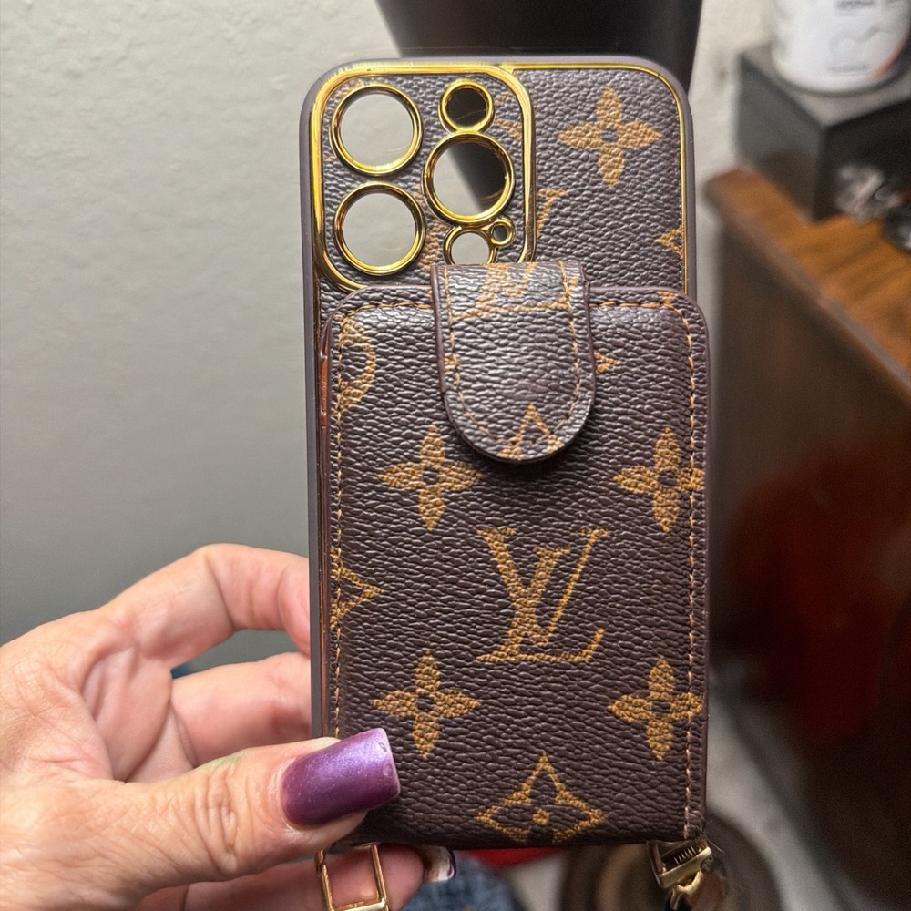 Luxury Brown and Gold Phone Case with Card Holder and Crossbody